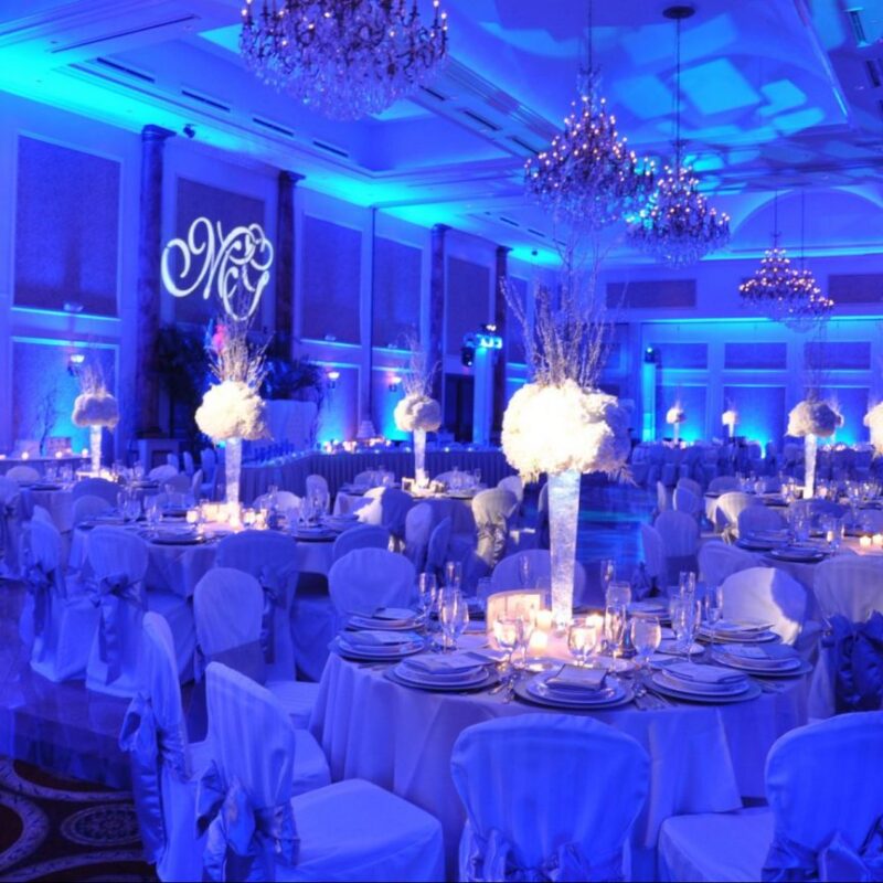 blue wedding reception lighting