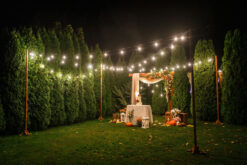 Patio string lights at an outdoor ceremony